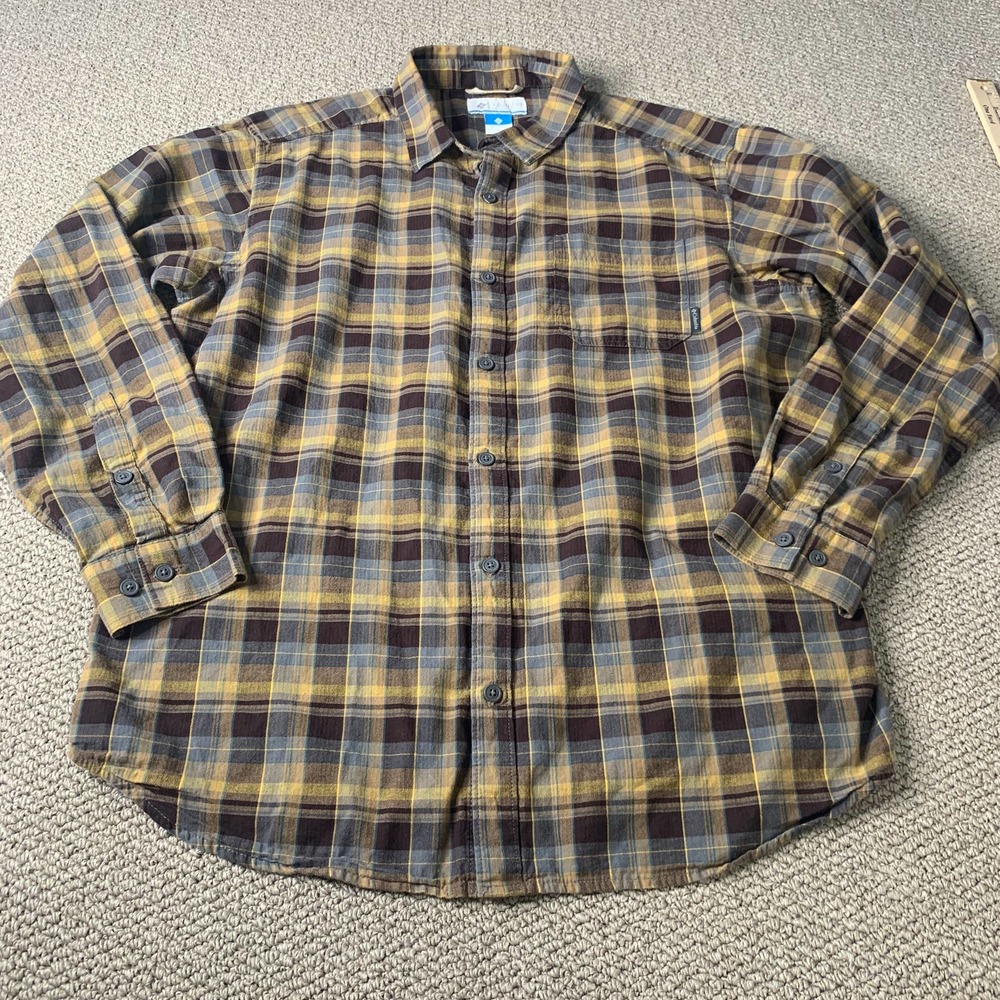 Columbia Mens Shirt Size XL Brown/Yellow Plaid Long Sleeves Button Up Flannel